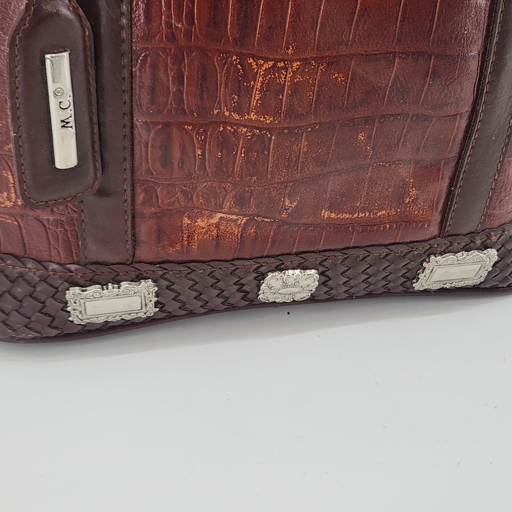 M.C.‎ Croc Embossed Leather Satchel Bag Brown Structured Handbag - Picture 3 of 16